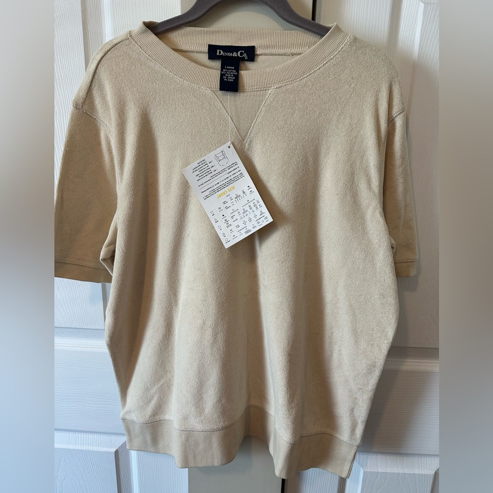Denim & Co. Short Sleeve Reverse French Terry in size Large NWT Sand/Tan Color
